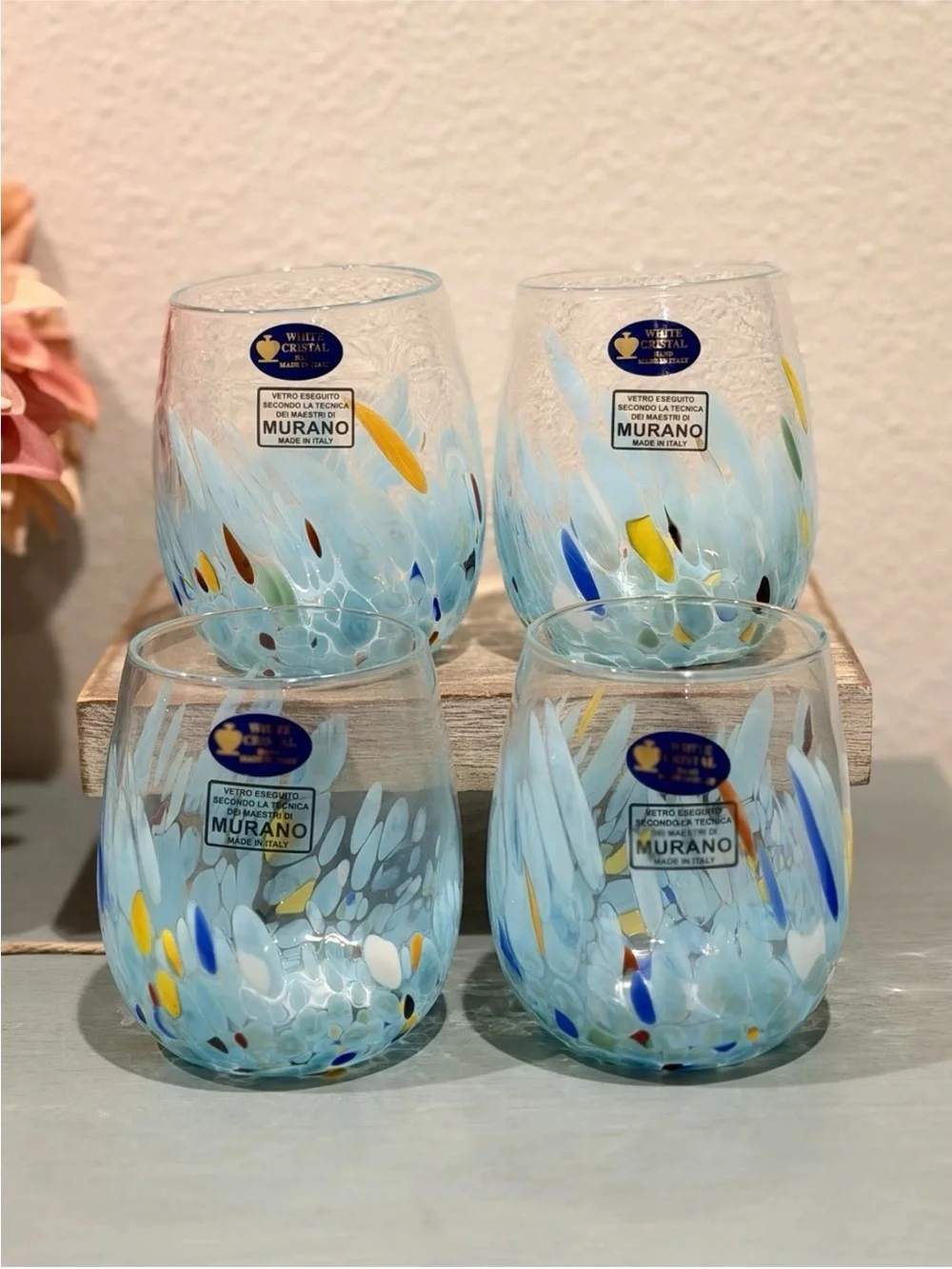Murano White Cristal Celeste Blue Confetti Stemless Glass Wine Tumbler Set- 4